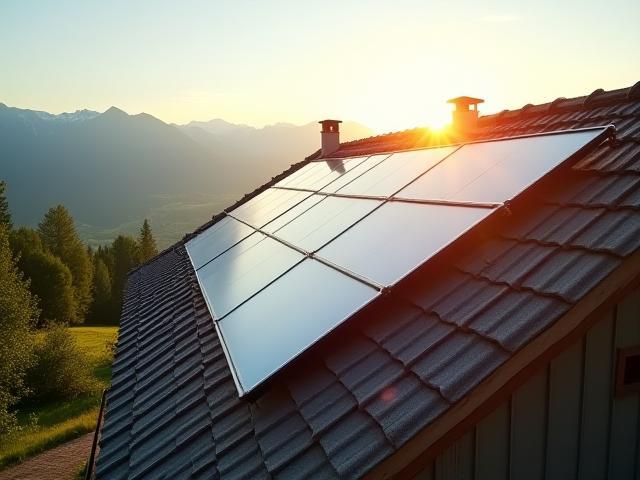 Sonnenkollektoren auf einem österreichischen Dach im Morgenlicht