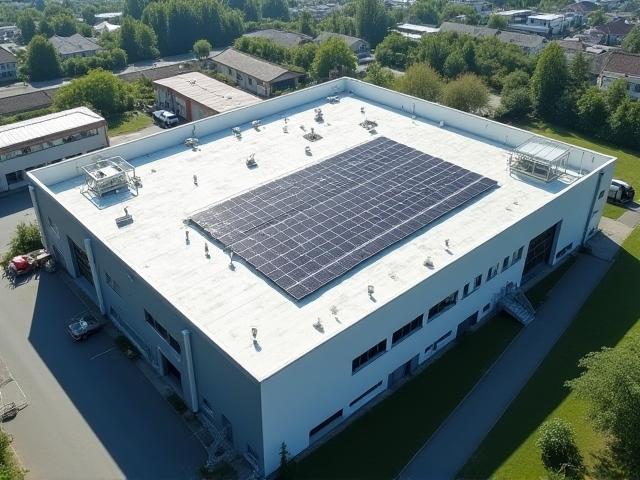 Große Gewerbehalle mit Solarpanels auf dem Dach