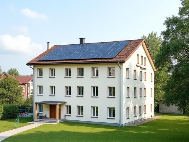 Schulgebäude mit Solaranlage auf dem Dach